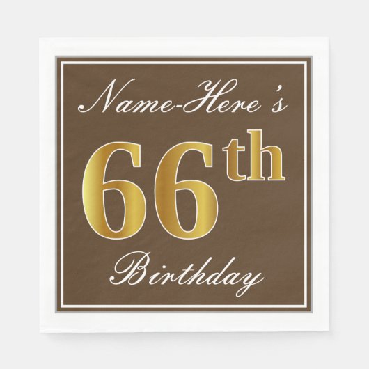 Elegant Brown, Faux Gold 66th Birthday + naam Servetten (Voorkant)
