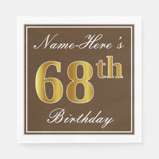 Elegant Brown, Faux Gold 68th Birthday + naam Servetten (Voorkant)