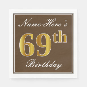 Elegant Brown, Faux Gold 69th Birthday + naam Servetten
