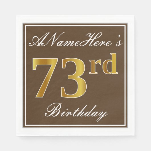 Elegant Brown, Faux Gold 73rd Birthday + naam Servetten (Voorkant)