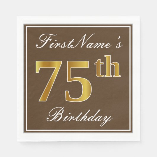 Elegant Brown, Faux Gold 75th Birthday + naam Servetten (Voorkant)