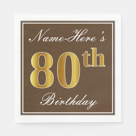 Elegant Brown, Faux Gold 80th Birthday + naam Servet (Voorkant)
