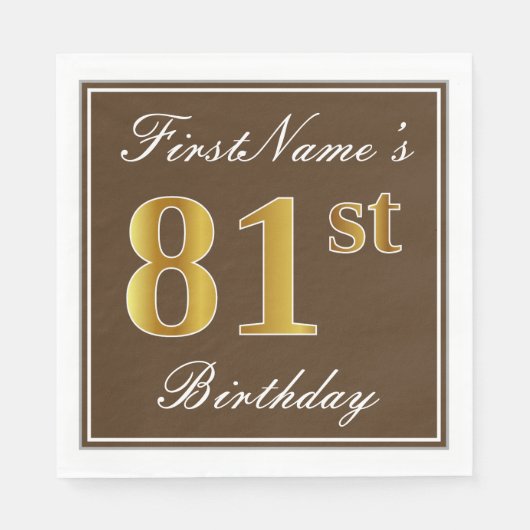 Elegant Brown, Faux Gold 81st Birthday + naam Servet (Voorkant)