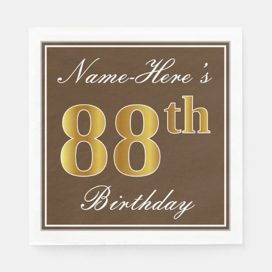 Elegant Brown, Faux Gold 88th Birthday + naam Servetten (Voorkant)