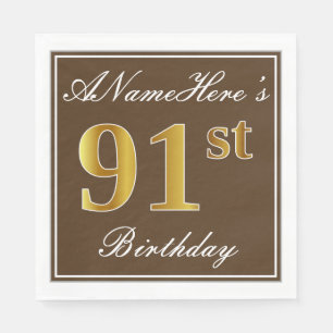 Elegant Brown, Faux Gold 91st Birthday + naam Servet