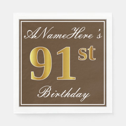 Elegant Brown, Faux Gold 91st Birthday + naam Servet (Voorkant)