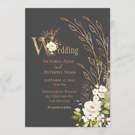 Elegant Brown Floral Rustic Script Wedding Kaart (Voorkant)