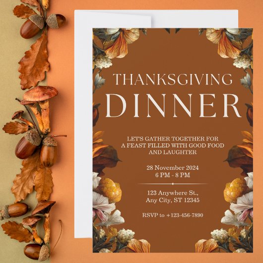Elegant Brown Floral Thanksgiving Diner Kaart