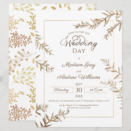 Elegant Brown Foliage Autumn Wedding Kaart (Voorkant / Achterkant)
