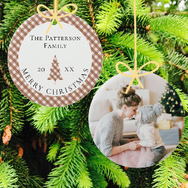 Elegant Brown Gingham Plaid Photo Merry Christmas Keramisch Ornament