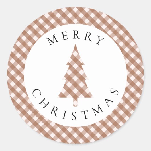 Elegant Brown Gingham Plaid Pine Merry Christmas Ronde Sticker (Voorkant)