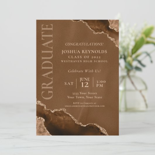 Elegant Brown Gold Agate Graduparty Kaart (Staand voorkant)