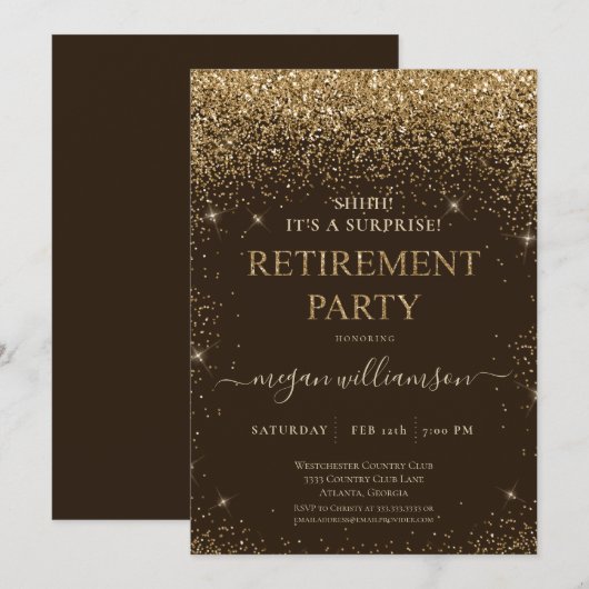 Elegant Brown Gold Glitter Retirement Party Kaart (Voorkant / Achterkant)