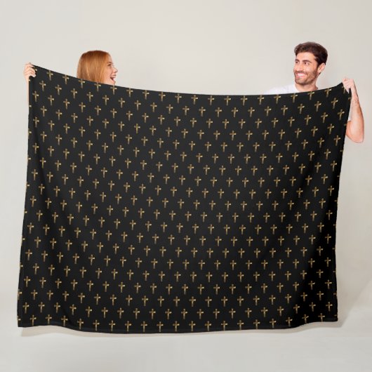 Elegant Brown Gold Kijk Cross Pattern Black Fleece Deken (In situ)