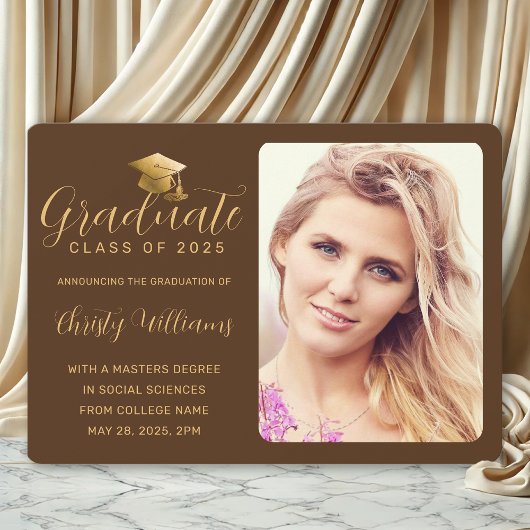 Elegant Brown Gold Photo College Graduing Aankondiging