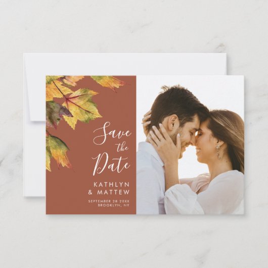 Elegant Brown Golden Yellow Autumn Foliage Wedding Save The Date (Voorkant)