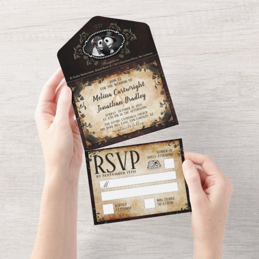 Elegant Brown Gothic Wedding Skeletons All In One Uitnodiging (Afscheurbaar)
