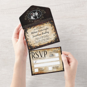 Elegant Brown Gothic Wedding Skeletons All In One Uitnodiging