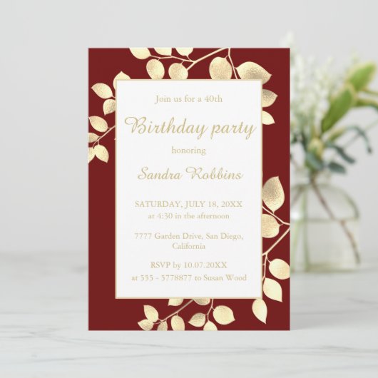 Elegant brown gouden bladeren verjaardagsuitnodigi kaart (Staand voorkant)
