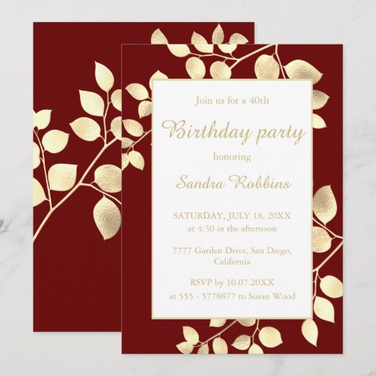 Elegant brown gouden bladeren verjaardagsuitnodigi kaart (Voorkant / Achterkant)