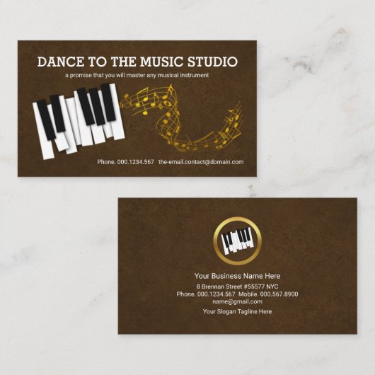Elegant Brown Grunge Piano Keys Gold Muzieknoten Visitekaartje (Voorkant / Achterkant)