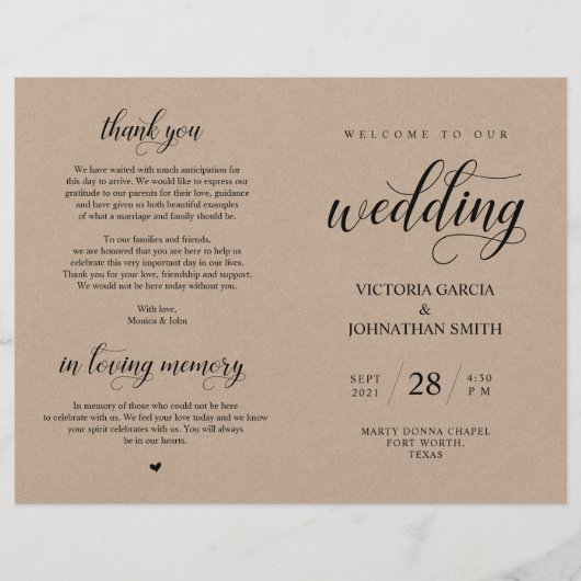 Elegant Brown Kraft, Wed Ceremonony Foldable Progr (Voorkant)