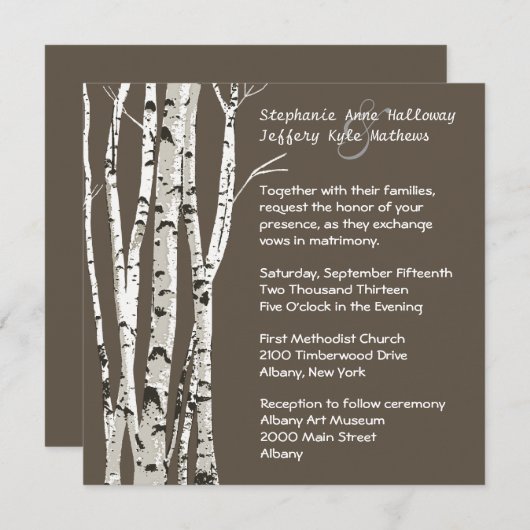 Elegant Brown met Birch Trees Wedding Invitation Kaart (Voorkant / Achterkant)