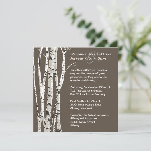 Elegant Brown met Birch Trees Wedding Invitation Kaart (Staand voorkant)