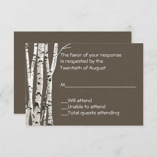 Elegant Brown met Birch Trees Wedding RSVP Card (Voorkant / Achterkant)