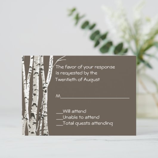 Elegant Brown met Birch Trees Wedding RSVP Card Kaartje (Staand voorkant)