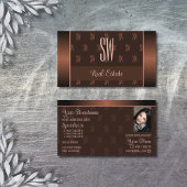 Elegant Brown met foto- en chic-monogram patroon Visitekaartje