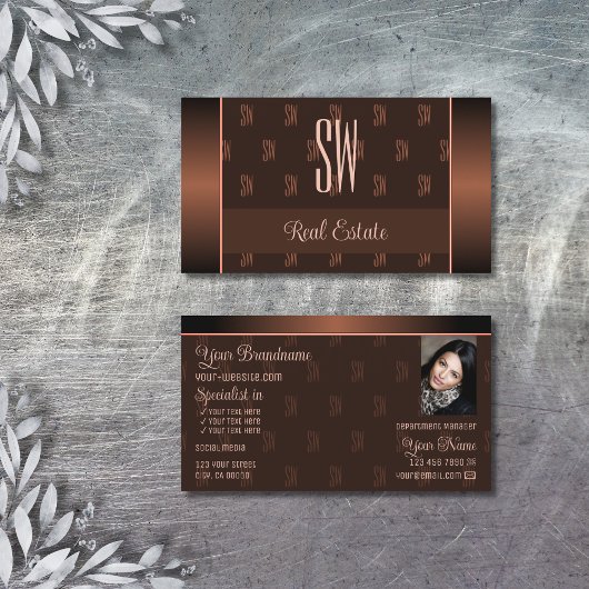 Elegant Brown met foto- en chic-monogram patroon Visitekaartje