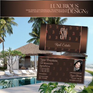 Elegant Brown met foto- en chic-monogram patroon Visitekaartje