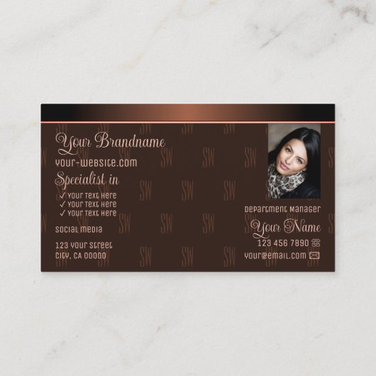 Elegant Brown met foto- en chic-monogram patroon Visitekaartje (Achterkant)