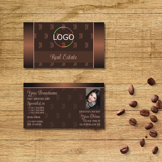 Elegant Brown met Logo foto- en monogram-patroon Visitekaartje
