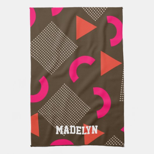 Elegant Brown Orange Geometric Personalized Name  Theedoek (Verticaal)