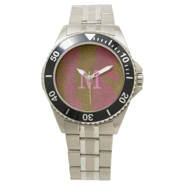 Elegant Brown Pink Glitter Monogram  Horloge (Voorkant)