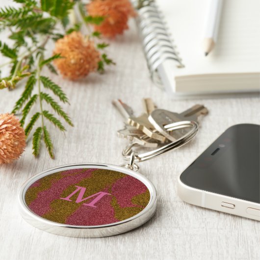 Elegant Brown Pink Glitter Monogram Keychain (Zijkant)