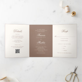 Elegant Brown Romantic QR Code Wedding Drieluik Uitnodiging