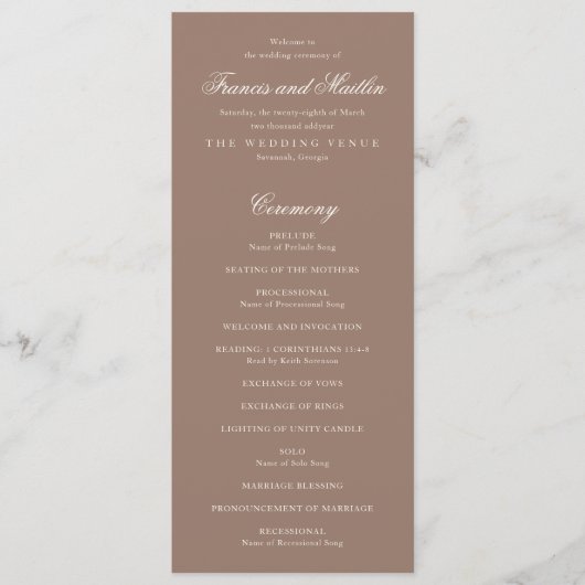 Elegant Brown Romantic Wedding Programmakaart (Voorkant)