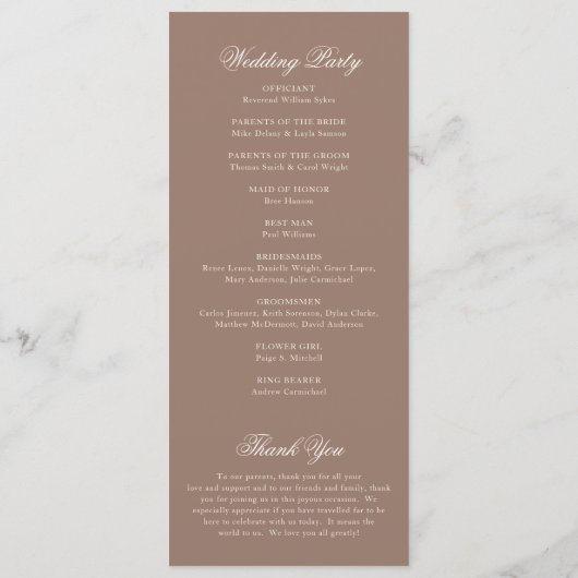 Elegant Brown Romantic Wedding Programmakaart (Achterkant)