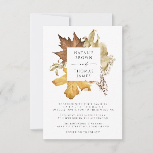Elegant Brown Rustic Autumn Leaves Fall Wedding Kaart (Voorkant)