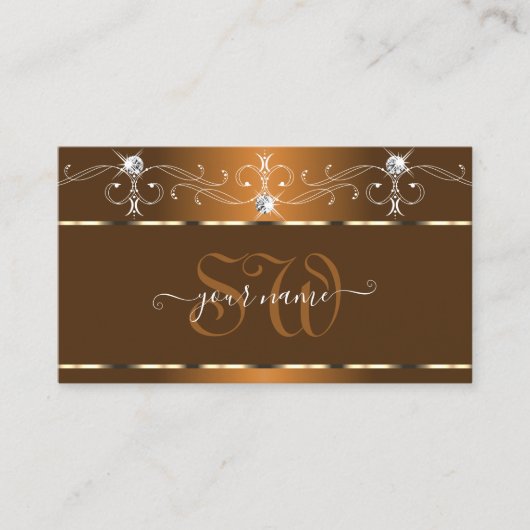 Elegant Brown Squiggles Sparkle Diamonds Initialen Visitekaartje (Voorkant)