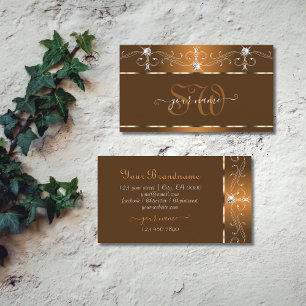 Elegant Brown Squiggles Sparkle Diamonds Initialen Visitekaartje