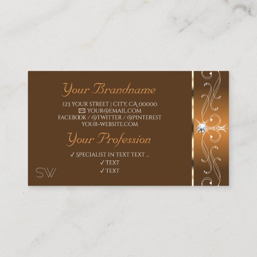 Elegant Brown Squiggles Sparkle Diamonds Monogram Visitekaartje (Achterkant)