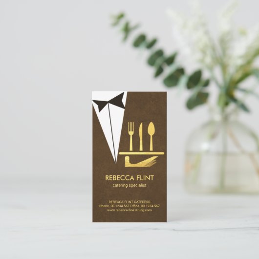 Elegant Brown Tuxedo Serving Bord Cutlery Visitekaartje (Staand voorkant)