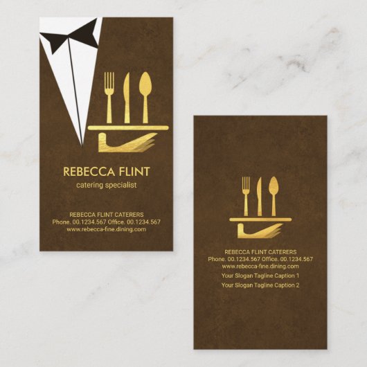 Elegant Brown Tuxedo Serving Bord Cutlery Visitekaartje (Voorkant / Achterkant)