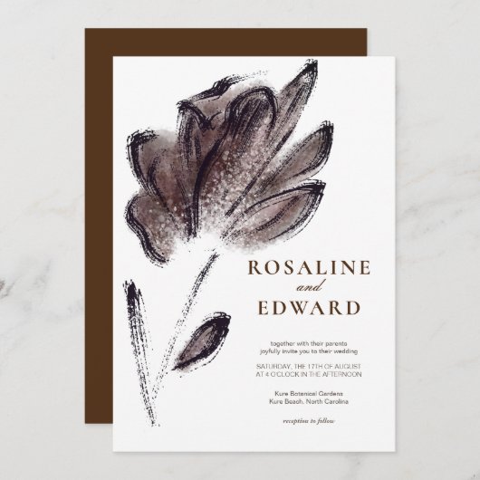 Elegant Brown Waterverf Floral Wedding Kaart (Voorkant / Achterkant)