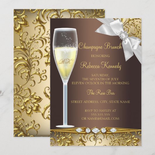 Elegant Brown White Champagne Brunch Invite Kaart (Voorkant / Achterkant)