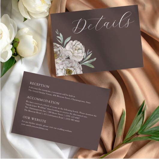 Elegant Brown & White Floral Wedding Details Informatiekaartje